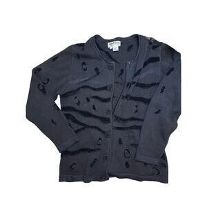 Vintage Jack B Quick Beaded All Black Animal Print Cardigan Size Large